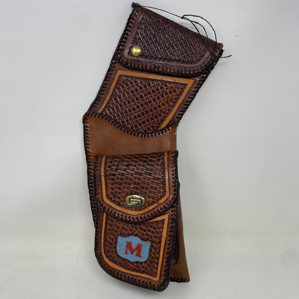 Vintage Hand Tooled Leather Basketweave Belt Holster Pouch Western Cowboy M Logo